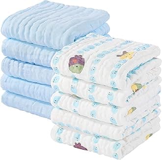 Yoofoss 100% Cotton Muslin Baby Washcloths 10 Pack Soft and Absorbent 12x12in Face Towels by Yoofoss (Blue)