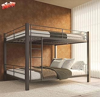 Latest Upgrade & Stronger Queen Over Queen Bunk Bed for Adults, Heavy Duty Metal Bunk Bed Queen Size with Ladder and Full-Length Guardrails and Slats Support for Boys Girls, Space-Saving,Easy Assemble