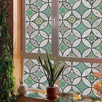 Green Window Privacy Film Frosted Glass Windows Cling Non-Adhesive Removable Window Decor Static Cling Glass Covering Sticker Heat Control Stickers for Home Church Decoration