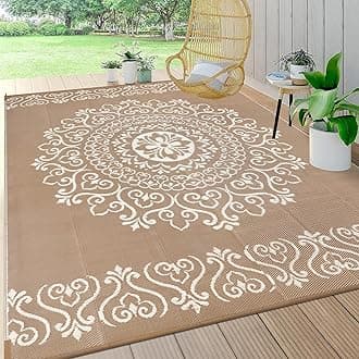 Pauwer Waterproof Outdoor Rug 9x12, Reversible Plastic Straw Patio Camping Rug, Indoor Outdoor RV Mat Carpet for Deck, Camper, Porch, Balcony, Backyard, Picnic, Floral Brown