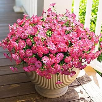 Artificial Flowers for Outdoors Fake Plants Outside Decoration, 12 Bundles Silk Pink Morning Glory with Eucalyptus UV Resistant Look Real Faux Flowers for Planter Front Door Yard Gardens Home