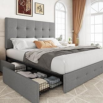 Allewie Upholstered Full Size Platform Bed Frame with 4 Storage Drawers and Headboard, Square Stitched Button Tufted, Mattress Foundation with Wooden Slats Support, No Box Spring Needed, Light Grey