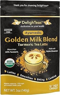 DelighTeas Organic Golden Milk Powder with Turmeric, Ginger, Ceylon Cinnamon | Ayurvedic Spices for Golden Turmeric Latte | Unsweetened, Vegan, Non-GMO, Keto | 120 Servings, 5 oz.