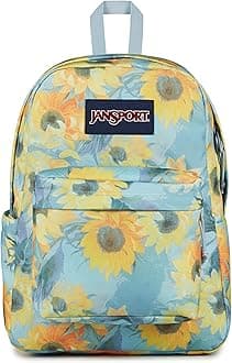 JanSport SuperBreak Plus Backpack with Padded 15-inch Laptop Sleeve and Integrated Bottle Pocket - Spacious and Durable Daypack for Work and Travel - Surreal Sunflowers​ Blue Dusk