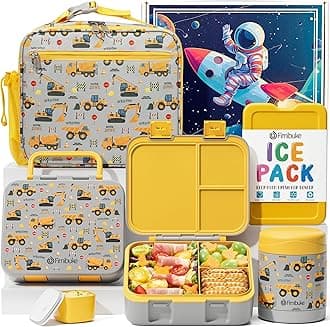 FimibukeBento Lunch Box for Kids with Thermos, 32OZ Snack Lunch Container with 3 Compartments, Insulated Lunch Bag, 12OZ Leakproof Food Jar, Ice Pack Set for Age 3-12 Toddler Teen Girls Boys - Trucks