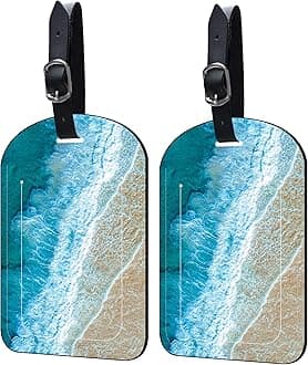2 Pack Luggage Tags Wave on Beach PU Leather Baggage Handbag Suitcase Tags with Secure Strap Privacy Cover ID Labels,Business Travel Baggage Tag Identifier
