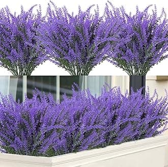 Ouddy Decor 12 Bundles Fake Flowers Artificial Lavender Faux Plastic Plants for Home Wedding Kitchen Garden Patio Porch Window Box Office Table Centerpieces Indoor Outdoor ations (Purple)