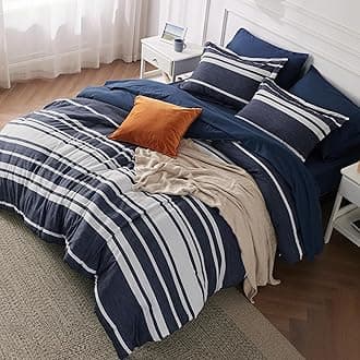 Bedsure Full Comforter Set 7 Pieces, Blue Striped Bedding Set for All Seasons, Reversible, Cationic Dyeing Bed in a Bag with Comforter, Sheets, Pillowcases & Shams