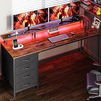 Huuger 63 Inch Rustic Brown Gaming & Office Computer Desk with 4 Drawers, Monitor Stand, LED Lights & Power Outlets