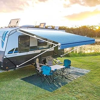 YESCAMP Manual RV Awning Complete Kit Retractable Camper Awning for RV or Trailers RV Roll Out Awning for Camper or 5th Wheel,Travel Trailers,Toy Haulers,Motohome(11Ft,White Frame,Blue Fade)
