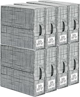 SUOCO SheetCube Bed Sheet Organizers and Storage 8 Pack, Foldable Linen Closet Organizer with Window and Label, Bedding Storage Box Container for, Duvet Cover Set, Bed Sheet Set - Pattern Grey