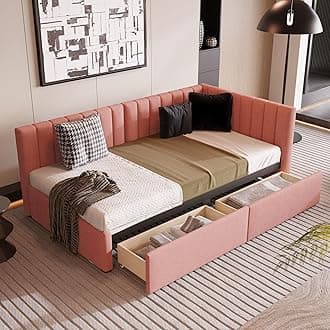 Twin Corner Daybed with 2 Storage Drawers,L Shaped Day Bed with Upholstered Armrest,Modern Sofa Bed Frame,Linen Fabric,No Box Spring Needed (Pink)
