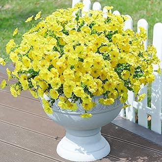 Artificial Flowers Fake Plants for Outdoors Decoration, 12 Bundles Yellow Silk Morning Glory with Eucalyptus Realistic UV Resistant Faux Flowers for Outside Planter Porch Yard Patio Garden Home Indoor