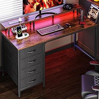 Huuger 47 Inch Computer Desk with Power Outlets and LED Lights, Gaming Desk with 4 Drawers, Office Desk with Monitor Stand, Study Work for Home Office, Small Spaces, Rustic Brown