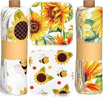 Redbaker 50 Pcs Reusable Paper Towels Paperless Reusable Cotton Cloths Toilet Absorbent Washable Paper Towels with Roll Kitchen Dishcloth for Kitchen Paperless Dishcloths(Sunflower)