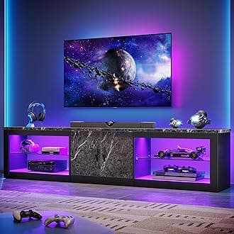 Bestier 80 Inch TV Stand for 75/85/86 inch TVs, LED Gaming Entertainment Center for PS5 with Storage Cabinet &Adjustable Glass Shelves, Modern TV Console Table for Living Room Bedroom, Black Marble