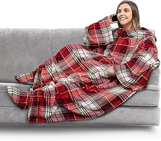 PAVILIA Fleece Blanket with Sleeves, Foot Pockets for Women Men Adults, Plush Wearable Blanket Throw Wrap, Warm Snuggle Blanket Robe, Cozy Gift Ideas Wife Mom Christmas Plaid