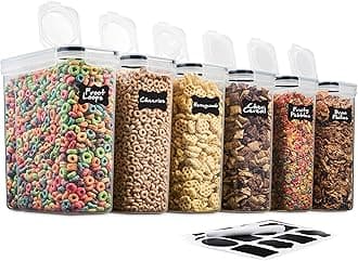 6 Pack Airtight Cereal Food Storage Container - BPA Free Plastic Kitchen and Pantry Organization Canisters for, Dry Pet Food, Flour, Sugar, Rice, Nuts, Snacks & More (135.5 Oz) Labels & Chalk Marker