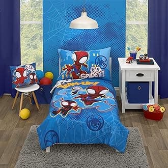 Disney Marvel Spidey and his Amazing Friends Spidey Team Red, White, and Blue 4 Piece Toddler Bed Set - Comforter, Fitted Bottom Sheet, Flat Top Sheet, and Reversible Pillowcase, 4751416P