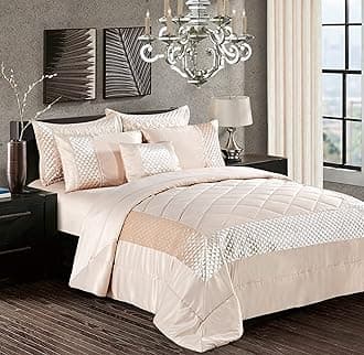 PRIME LINENS Luxury 3 Pcs Quilted Bedspread Bedding Set Comforter Bed Throw with Matching Pillow Shams Satin Sequence Design Easy Care (Beige, Double)