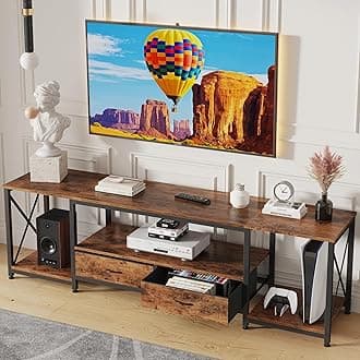 - GYIIYUO TV Stand with Fabric Drawer - Entertainment Center and Industrial TV Console Table with Open Storage Shelves for Living Room, Bedroom - 55.1" Rustic Brown