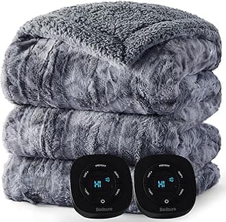 Bedsure Faux Fur Electric Blanket Queen Size, Dual Control Heated Blanket Queen, Fast Heating Blanket with 10 Heating Levels & 10 Time Settings, Cozy Gifts for Women Men (84x90 inches, Grey)