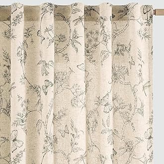 Floral Linen Curtains for Living Room, 96 Inch Length, Butterfly Pattern, Grey, French Country Farmhouse Style, Drapes with Back Tab and Rod Pocket, Set of 2 Panels