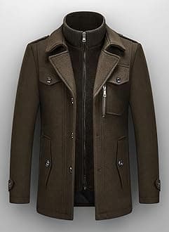 KUDORO Mens Wool Coats Short Winter Padded Trench Coat for Casual Business Outwear Thick Wool Blend Peacoat with Removable Inner Collar