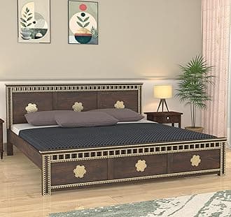 RJ ART Wooden King Size Bed Without Storage | Kuber Design Double Bed Cot Bed with Brass Work for Bedroom & Hotel | Palang/Platform Bed | Sheesham Wood | Walnut, Recommended Mattress Size: 78 X 72 X 6