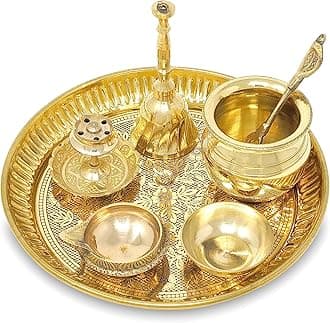 Brass Pooja Thali Set 6 Inch Puja Thali with Pital Plate Kalash Kuber Diya Chandan Wati Agarbatti Stand Ghanti Palli Arti Thali for Diwali Home Office Mandir Wedding Return Gift Items