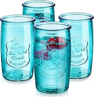 Highball Glasses Set of 4 – 20oz Artistic Ice-Cold Pretty Blue – Vintage Glassware with Embossed Logo – Beverage Drinking Glasses for Water, Juice, Cocktails. Hand Wash.