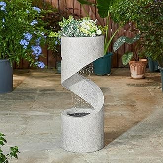 Outdoor Water Fountain with LED Light, Decorative Tiered Curved Waterfall Fountain with Stone Planter, Faux Terrazzo Spiral Shaped Outdoor Fountains for Garden Deck Patio Porch, 31.25”H