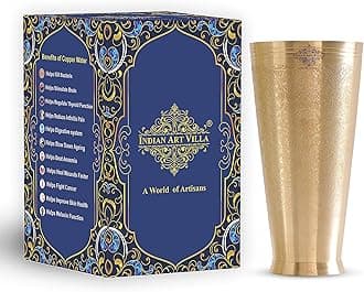 INDIAN ART VILLA Brass Lassi Glass with Embossed Design, Drinkware & Serveware for Lassi, Milk, and Water, Height-4.5" Inches, Volume-400 ml