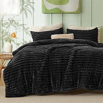 Bedsure Comforter Set Queen Size - GentleSoft™ 3 Pieces Double-Side Fleece Fluffy Black Comforter Set, Cozy Striped Room Decor Aesthetic, Luxury Bedding Queen Size, 2 Pillowcases, 90x90 Inches