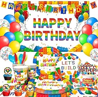 Building Block Birthday Supplies for 10 Guests, 114pcs Building Blocks Party Decorations Tableware Set - Building Block Party Plates Tablecloth Banner Backdrop