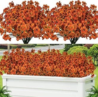 Lnoicy 12 Pcs Artificial Flowers for Outdoor,Plastic Flowers Decoration, UV Resistant Faux Flowers Shrubs, Artificial Plants for Indoor Outside Garden Home Wedding Farmhouse(Orange)