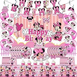 Minnie Birthday Party Supplies, Minnie Party Balloon Decorations Theme, Include Happy Birthday Banner, Hanging Swirl, Backdrop, Cake & Cupcake Topper, Tablecloth