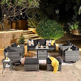 ovios 9 Pieces Patio Furniture Set with Square Fire Pit Table, Outdoor Swivel Rocking Chairs, High Back Wicker Rattan Conversation Set for Deck Porch, Black