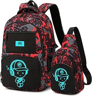 Bluboon Kids Backpack Boys Camo Bookbag Teens Elementary School Bag Daypack Travel Back Pack Middle school (Boy-red doodle 2pcs)