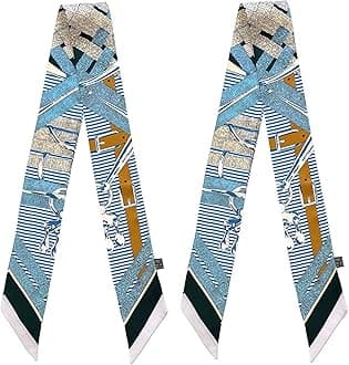 Mulberry Silk Scarf for Handbags,Bags, and Purse，2 Pcs 2"x35" Hair Ribbon Skinny Neck Fashion Scarves for Women