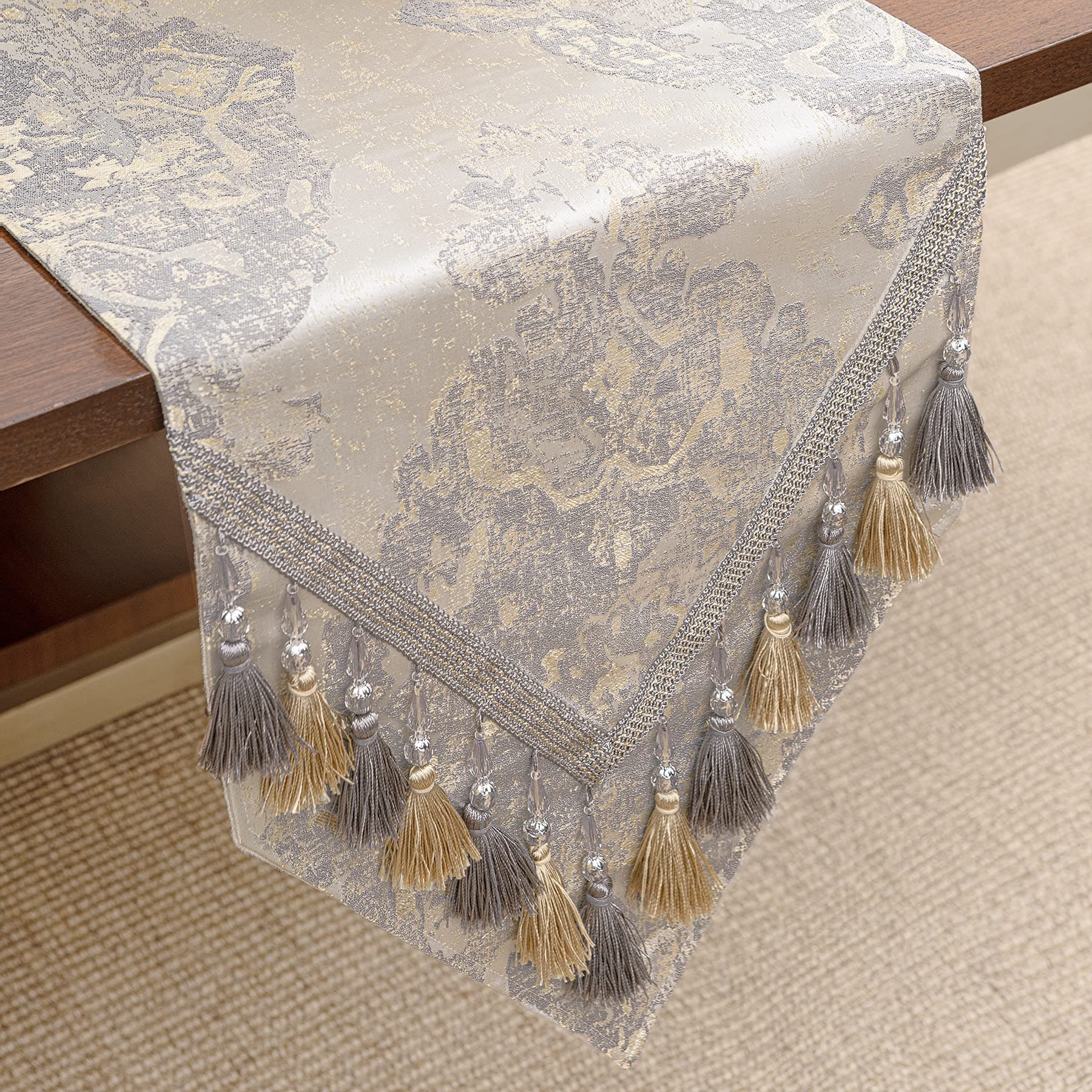 Table Runner with Handmade Tassels, Damask Table Runner for Dining Room/Restaurant/Banquet Decoration (33x180cm, Beige)