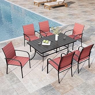 Patio Dining Set 7 Piece Outdoor Furniture Set with Metal Patio Dining Table with Umbrella Hole for Deck Garden Backyard Lawn, Red