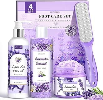 Lavender Foot Soak Set - Salts, Foot File, Scrub & Urea Cream Pedicure Supplies for Dry, Cracked Feet - Women's Spa Kit