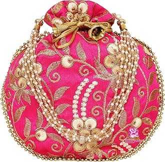 Potli Bag for Women Ethnic Gold, Pearl Handle Floral Accents, Drawstring Closure Pearls Handle Batwa Clutch Purse