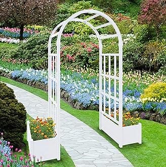 No-Dig 40" W x 86" H Vinyl Arbor with Planter Box, Vinyl Planter Arch with Trellis, Garden Arbor for Climbing Plants, Yard, Garden or Pathway, White