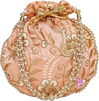 Potli Bag for Women Ethnic Gold, Pearl Handle Floral Accents, Drawstring Closure Pearls Handle Batwa Clutch Purse