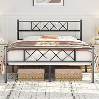 Yaheetech 4ft6 Double Bed, Metal Platform Bed Frame Solid Bedstead Base with Cross-design Headboard and Footboard, Underbed Storage Space, Slatted Bed Fits for Teenagers/Adults, Black