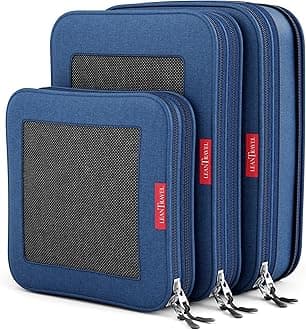 LeanTravel Premium Compression Packing Cubes for Travel - Suitcase Organizer Bags with Double Zipper & Breathable Mesh Panel - Space Saving Carry On Luggage Essentials (3-Pack, Navy Blue)