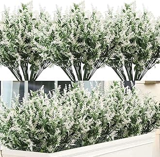 Artificial Flowers UV Resistant Outdoor Plants 12 Bundles Fake Plastic Lavender Outdoor Plant Bush Faux Shrubs for Garden Yard Shelf Hanging Decoration(White)