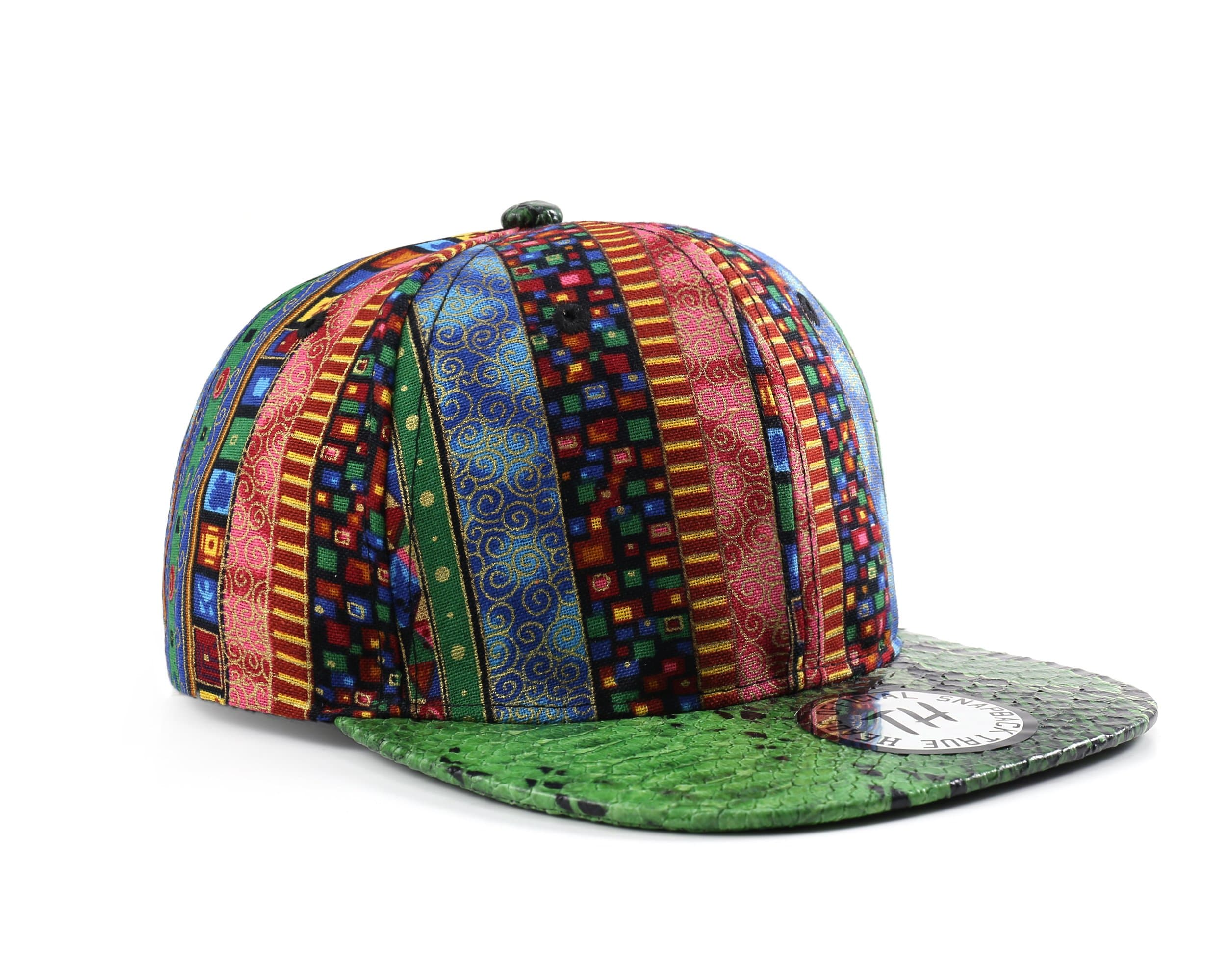 Aztec Multi Colour Pattern Snakeskin Style Flat Peak Snapback Baseball Cap (Green Peak)